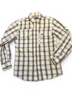 Wrangler Men’s Small Plaid Button-Up Vented Long Sleeve Shirt Cream Black Plaid
